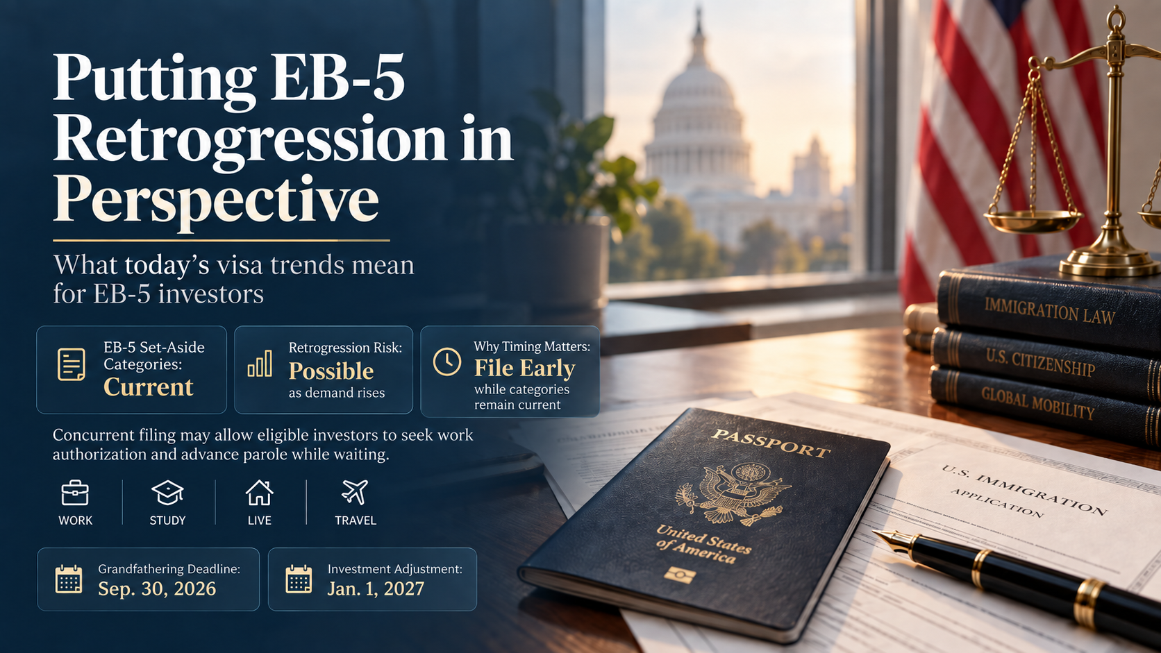 EB-5 visa retrogression outlook showing U.S. immigration documents, passport, legal symbols, and 2026 filing deadlines for investors.