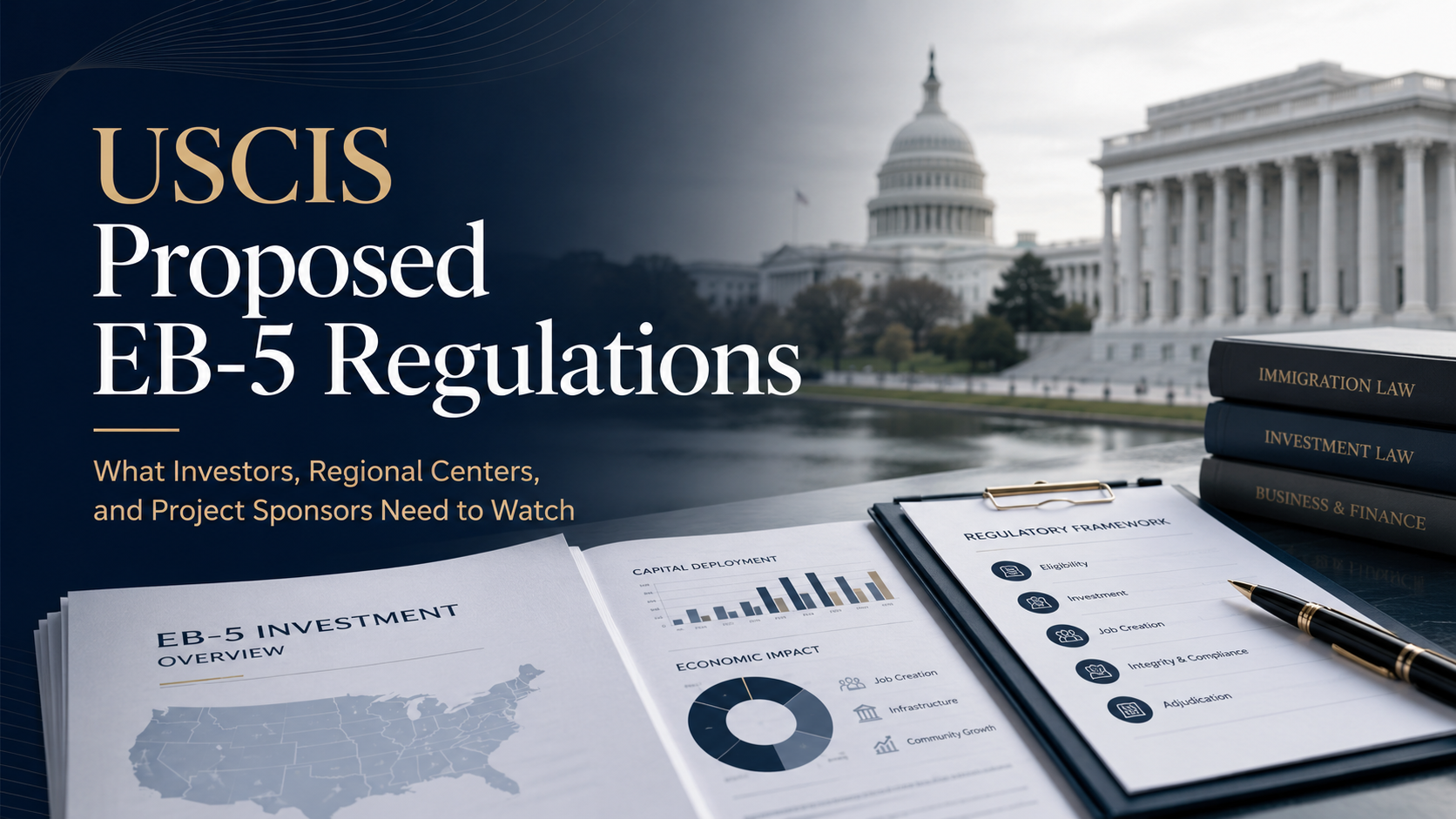 USCIS proposed EB-5 regulations hero image featuring the U.S. Capitol, legal documents, investment reports, and immigration law books, illustrating regulatory changes affecting EB-5 investors, regional centers, project sponsors, job creation, and compliance.